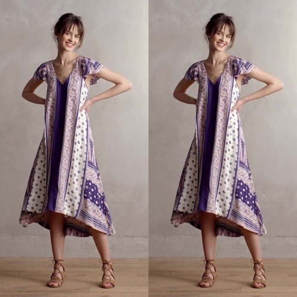 Anthropologie Maeve Summertide Blue Pink Swing Maxi Multi Print Dress